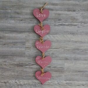 1990's Handmade Pink Heart-Shaped Wooden Wall Hanging Farmhouse Country Decor